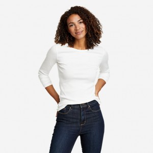 Eddie Bauer Essentials Gerippt Crew Long-Sleeve Hemd Damen Weiß | XVOT-74968