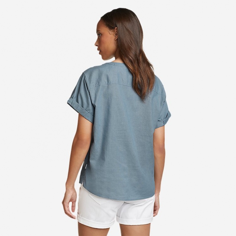 Eddie Bauer EB Hemplify Kurzes-Sleeve Beach Hemd Damen Blau | THUB-24760