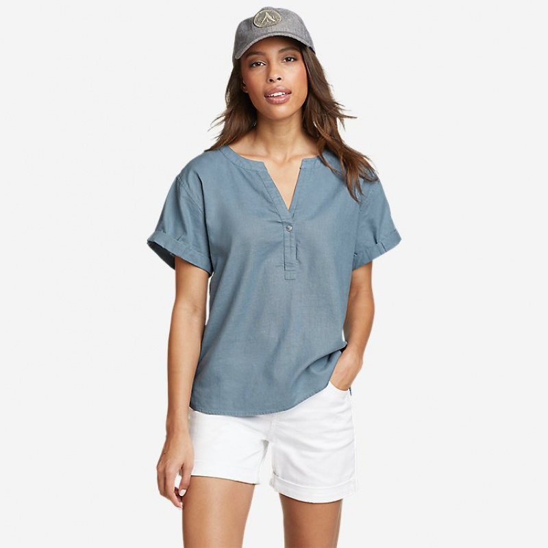 Eddie Bauer EB Hemplify Kurzes-Sleeve Beach Hemd Damen Blau | THUB-24760