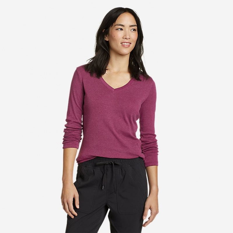 Eddie Bauer Favorite Long-Sleeve V-Neck T-shirts Damen Bordeaux | SZWR-98562