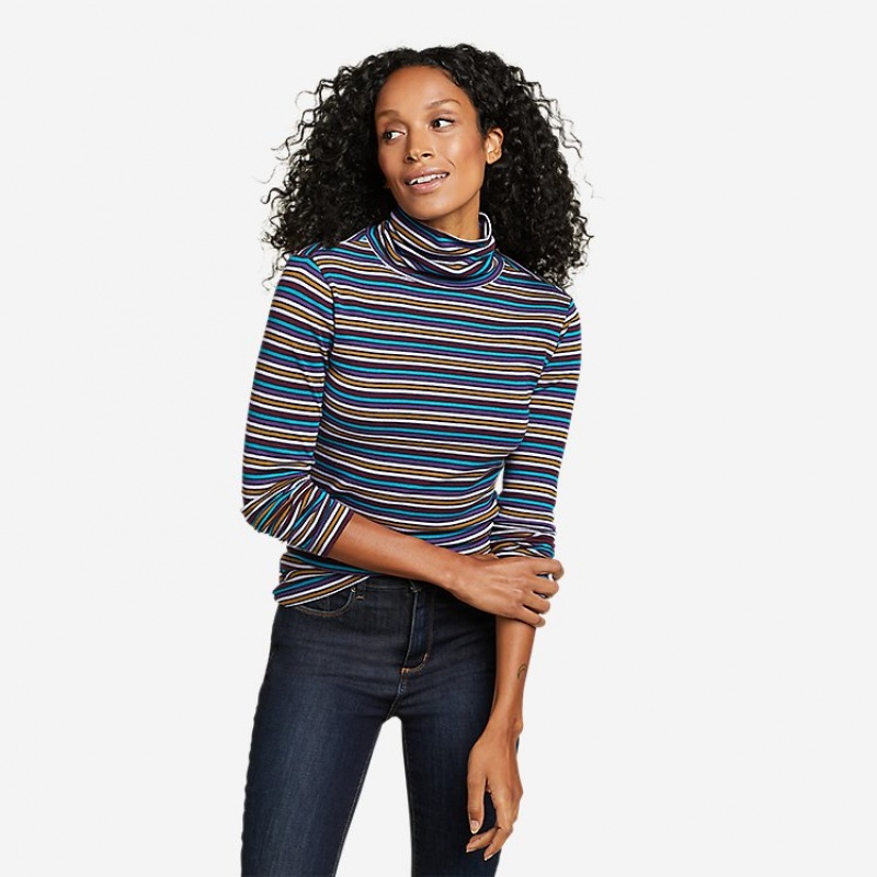 Eddie Bauer Favorite Long-Sleeve - Stripe Rollkragen-tops Damen Blau | HPAE-65287