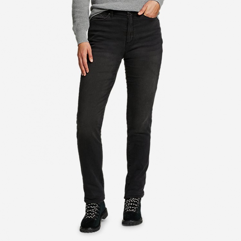 Eddie Bauer Voyager Fleece-Gefütterte High-Rise - Slightly Curvy Slim Gerade Jeans Damen Dunkelgrau | KBSQ-28140